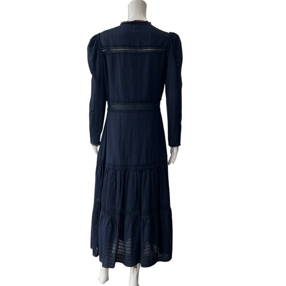 $375 NWT La Vie Blue Midnight Navy Ribbon Embroidered LS Dress size Medium - Picture 4 of 9
